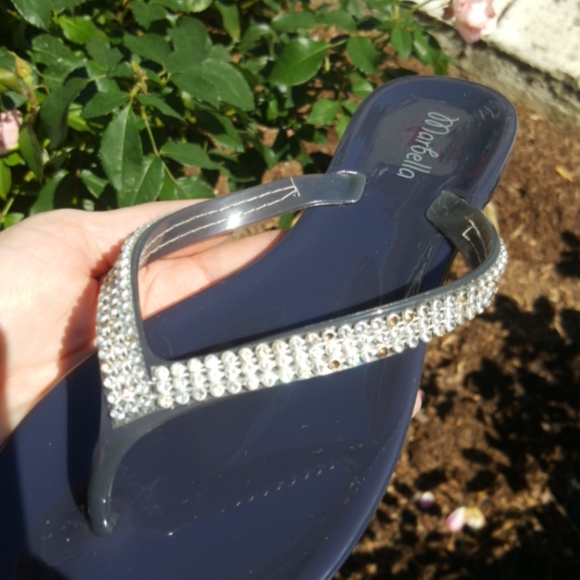 MARBELLA ♡ Gorgeous Navy Embellished Bling of Rhinestone Jelly Thong Sandals 6 - Picture 8 of 16